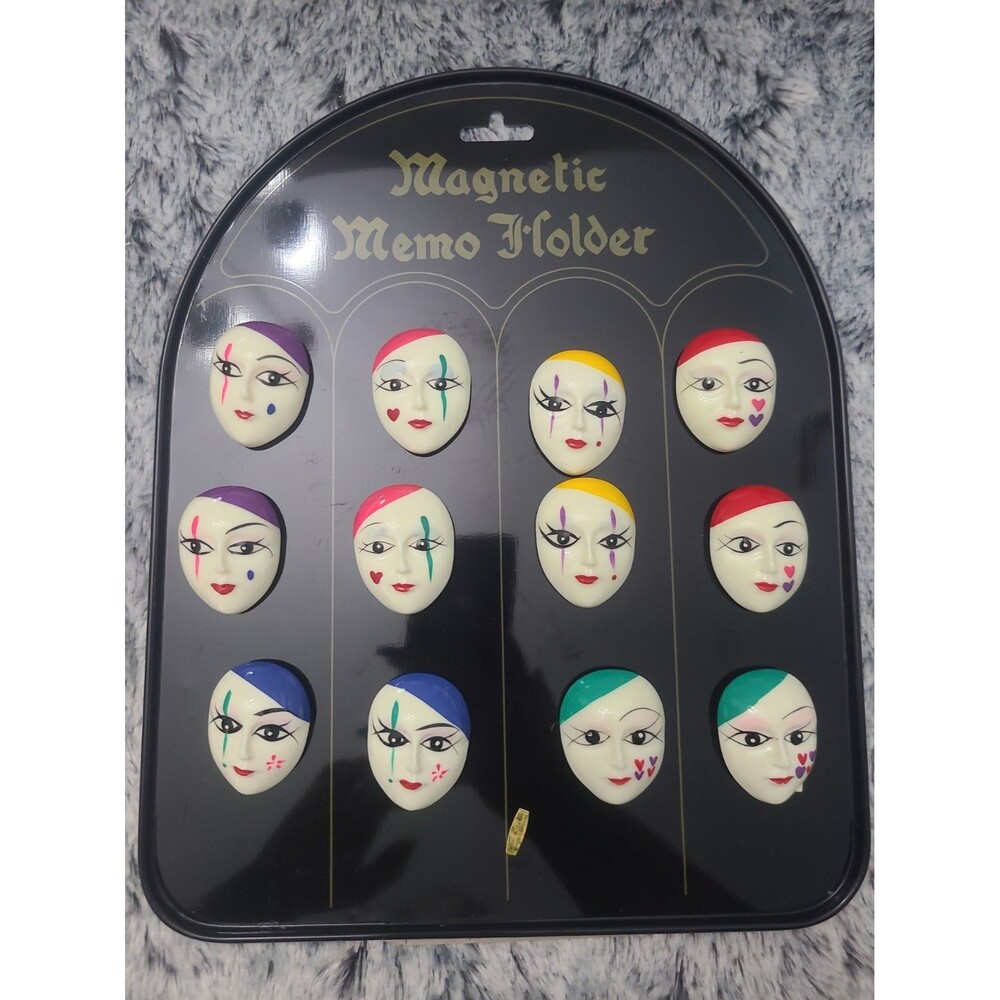 Vintage Magnetic Memo Holder 12 Harlequin Mime Face Magnets Made in Taiwan NOS